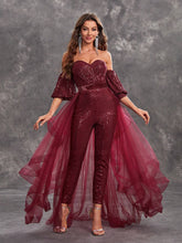 Giffniseti Women's Sparkly Off Shoulder Jumpsuit With Mesh Splicing, Party Sequin Evening Dress